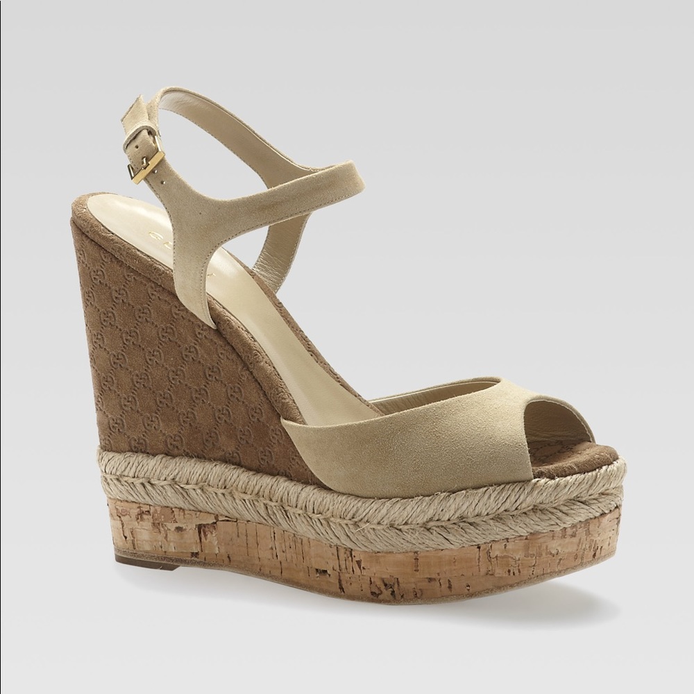 gucci hollie suede cork wedge sandals
